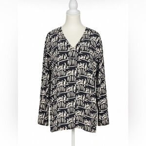 Tory Burch Silk V-Neck Blouse | Abstract Print | Navy & Ivory | XL
